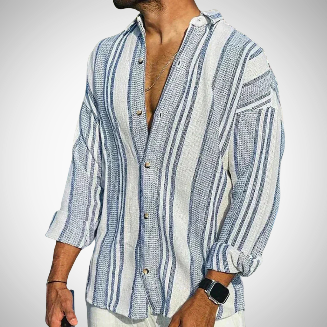 Xavier Linen Men's Blue & White Striped Shirt - Lightweight Resort Wear
