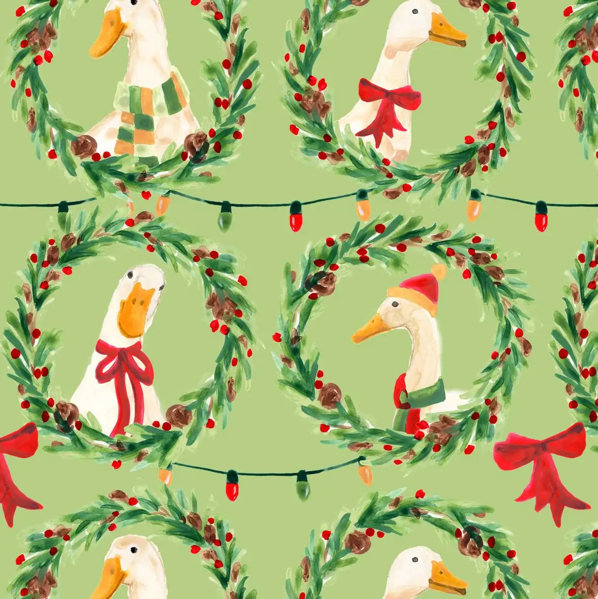 Christmas Geese Wreath Pattern on Green Wall Art