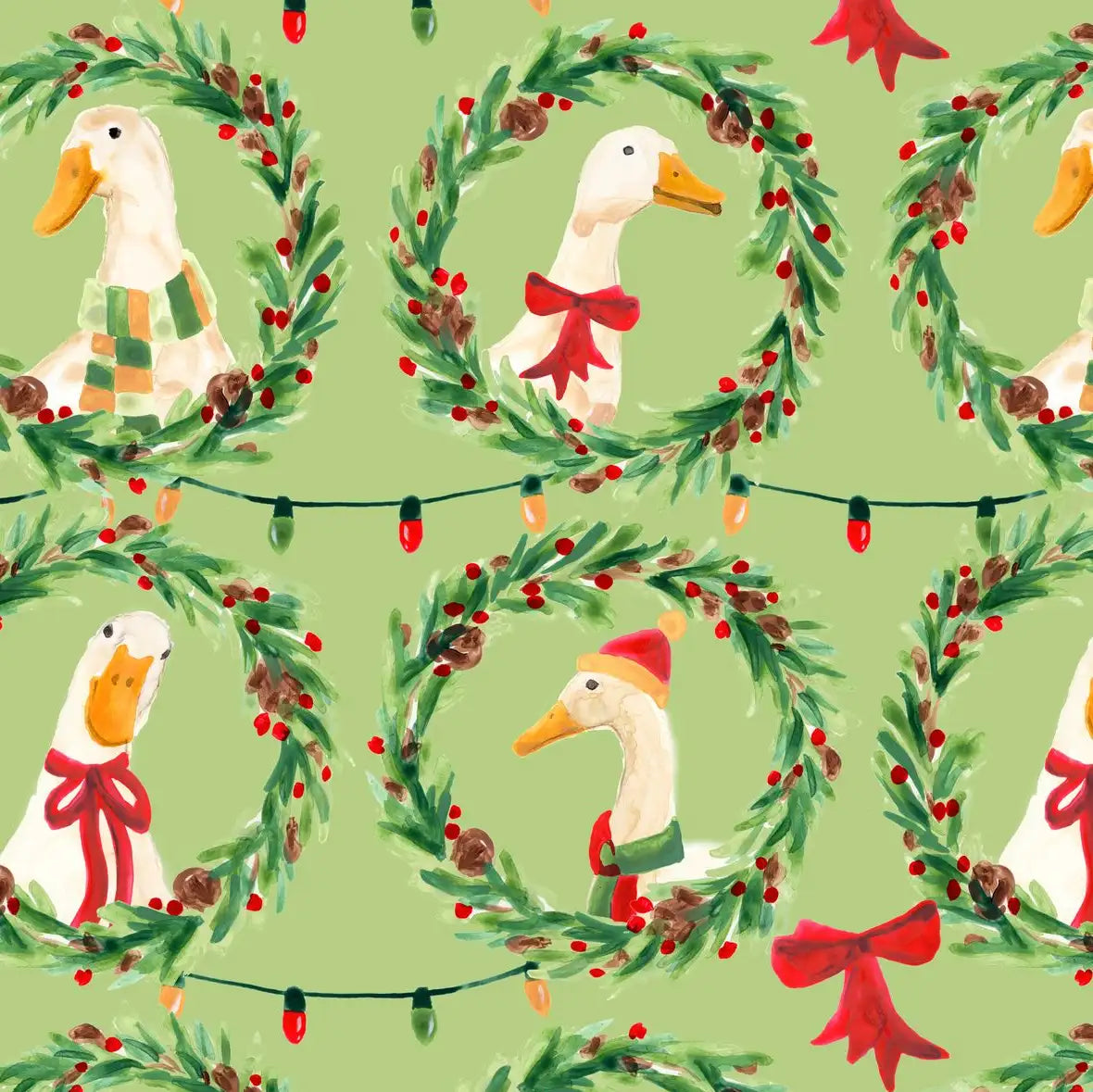 Christmas Geese Wreath Pattern on Green Wall Art