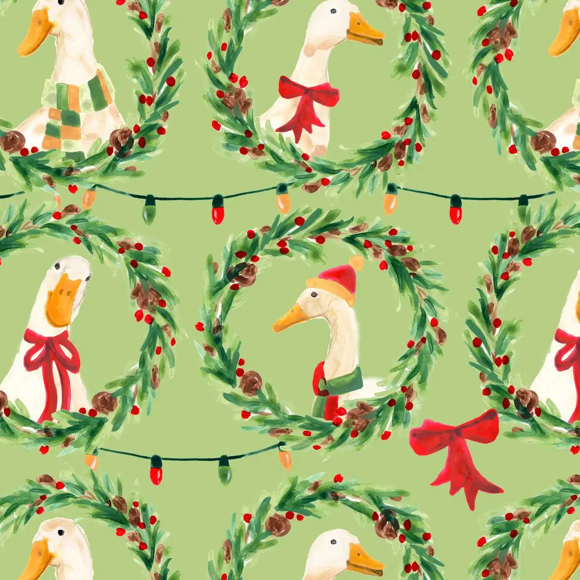 Christmas Geese Wreath Pattern on Green Wall Art