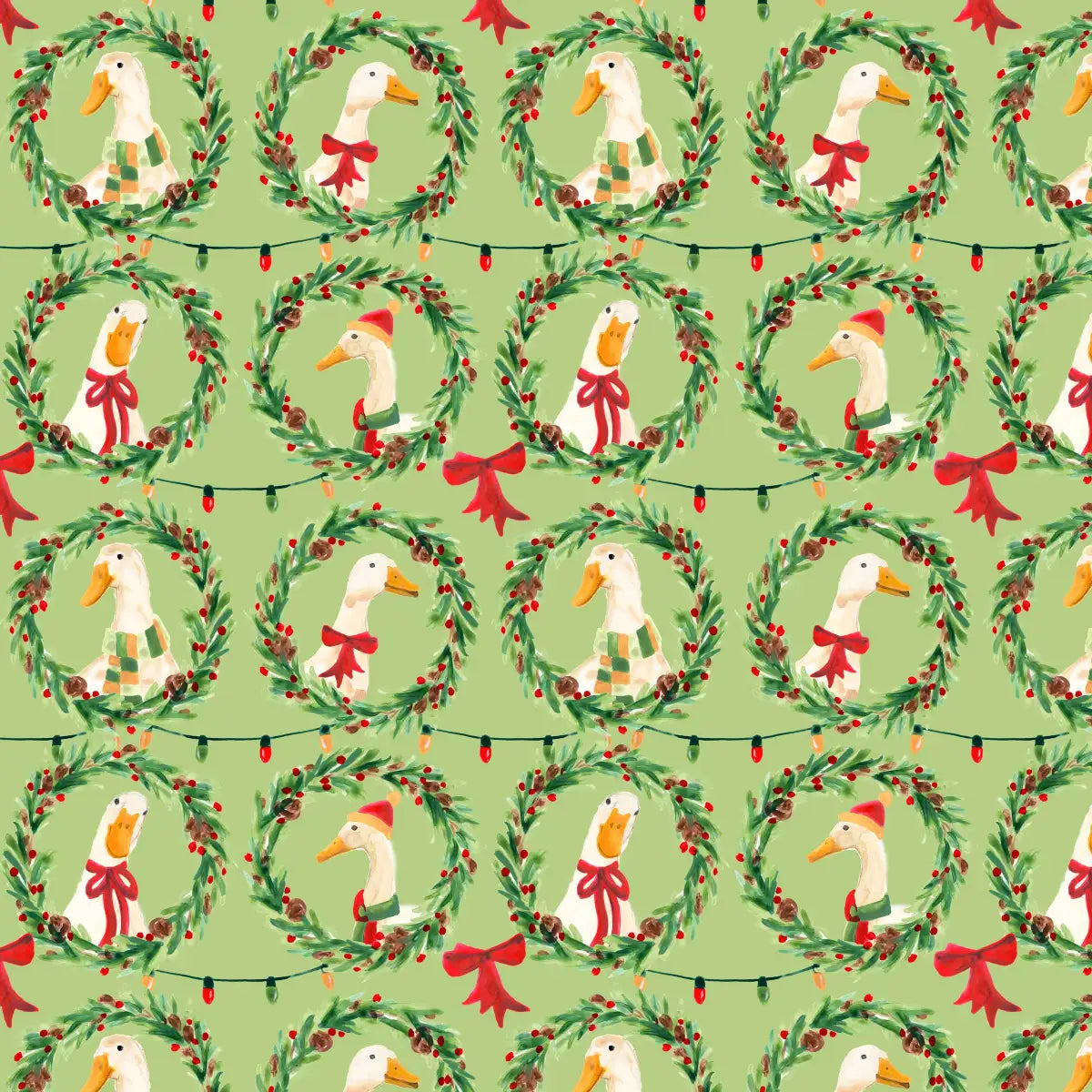 Christmas Geese Wreath Pattern on Green Wall Art