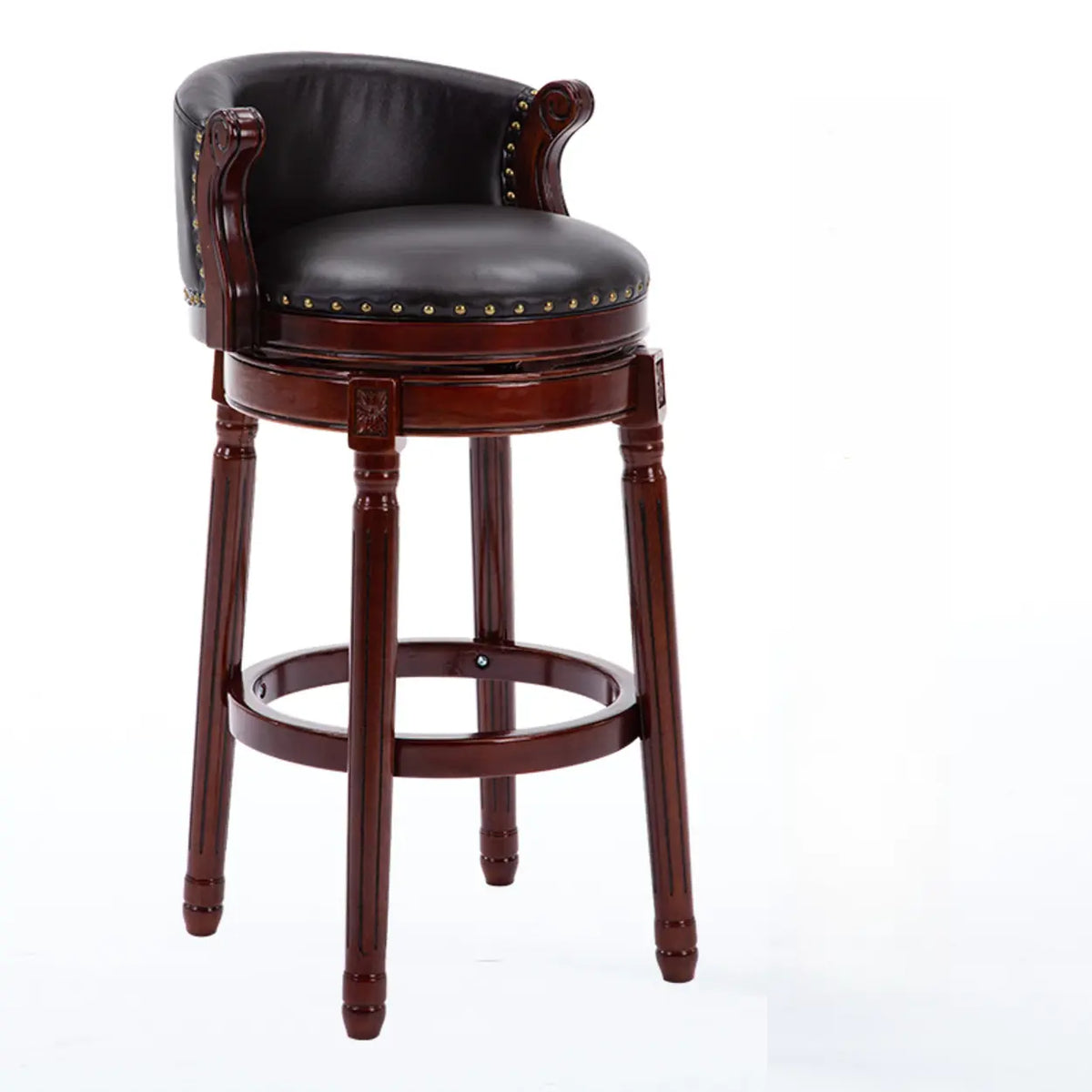 Cow Leather Wingback Swivel Wood Bar Stool with Nailhead Trim