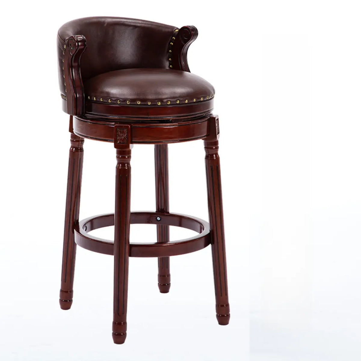 Cow Leather Wingback Swivel Wood Bar Stool with Nailhead Trim