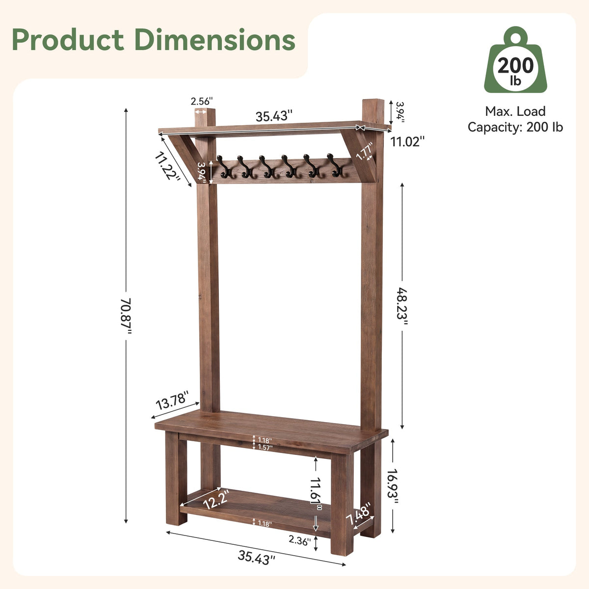 71" Solid Wood Hall Tree, 4-in-1 with 2-Tier Shoe Rack, 6 Hooks, Farmhouse Entryway