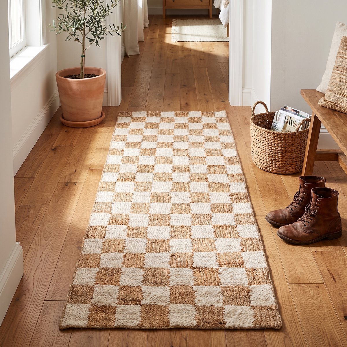 Check Wool Jute Runner - Off-White/Natural