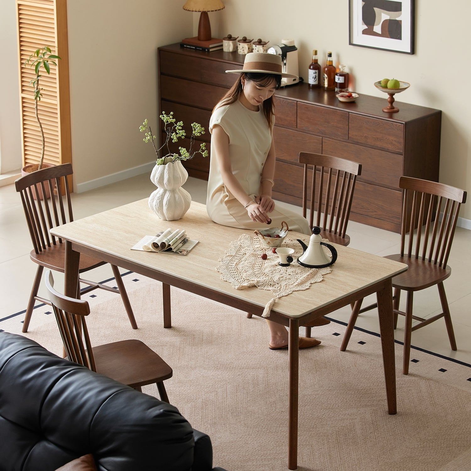 Japandi Sintered Stone Oak Wood Dining Table LENNOR