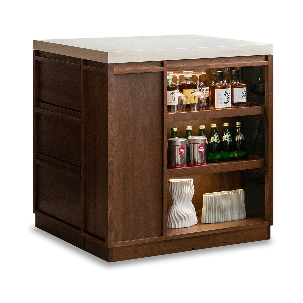 Japandi Walnut Wood Sintered Stone Island Dining Table With Cabinet AXIS