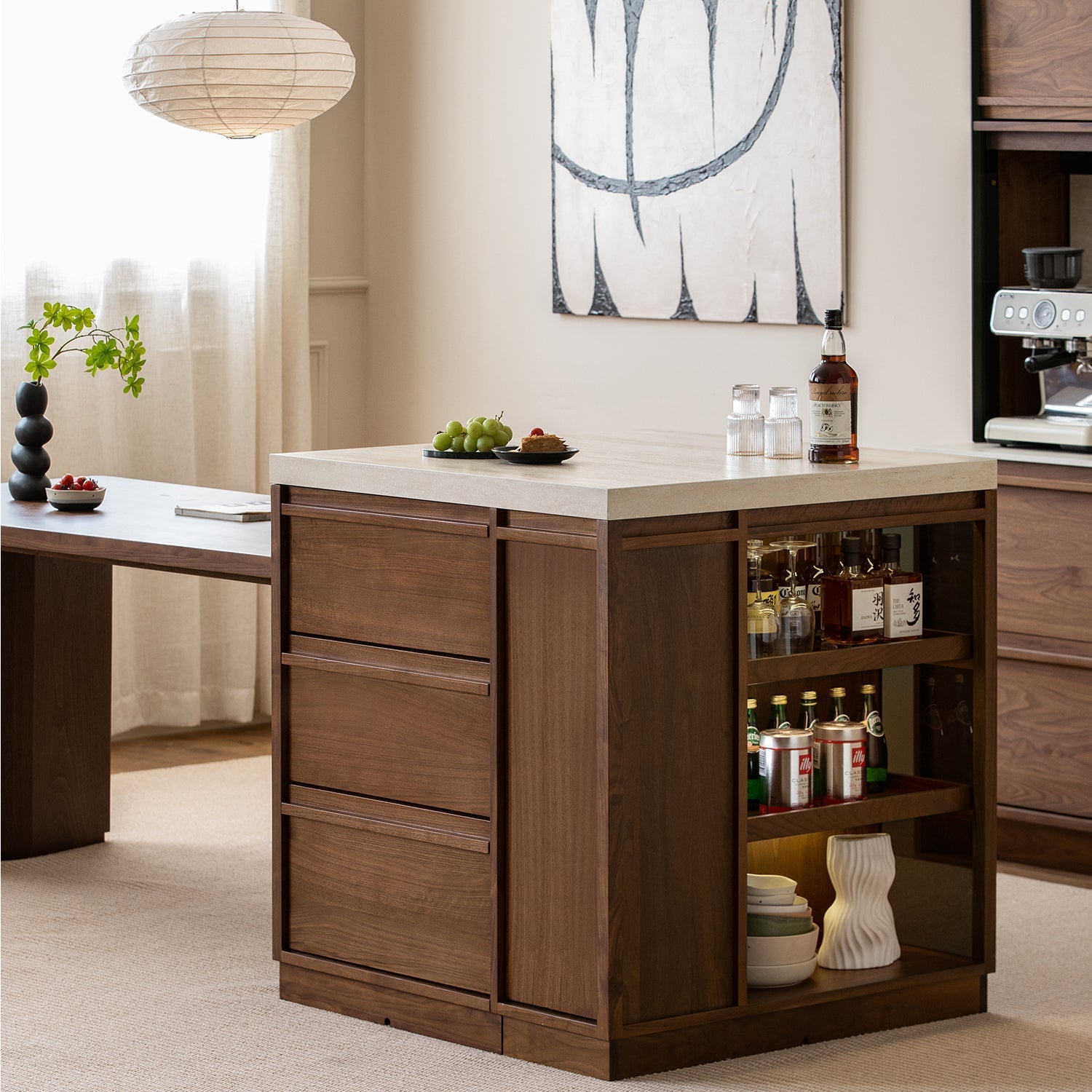 Japandi Walnut Wood Sintered Stone Island Dining Table With Cabinet AXIS