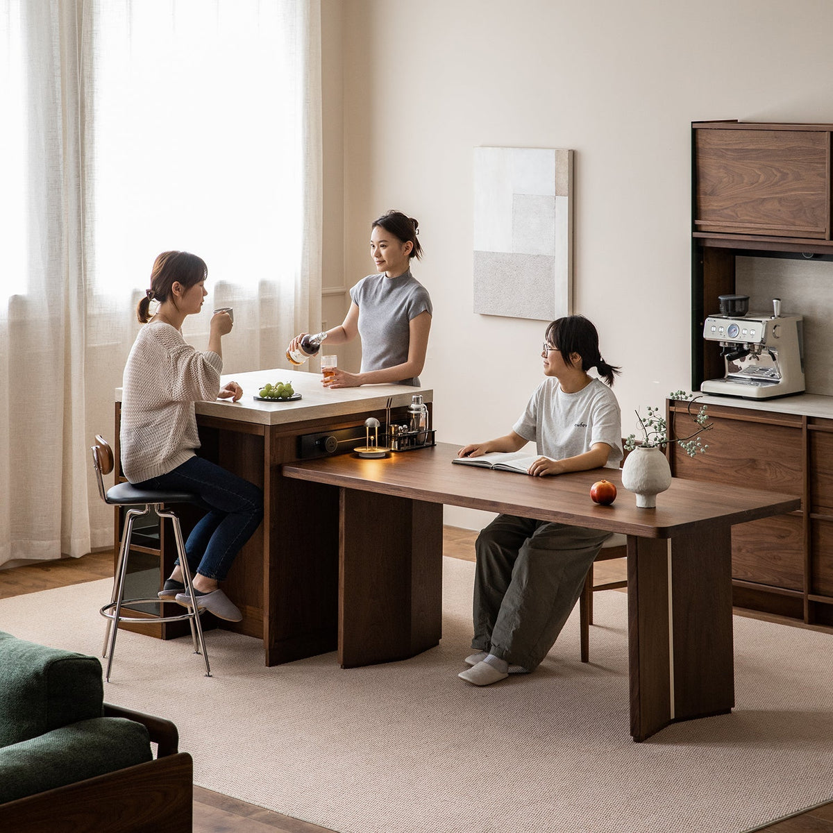 Japandi Walnut Wood Sintered Stone Island Dining Table With Cabinet AXIS