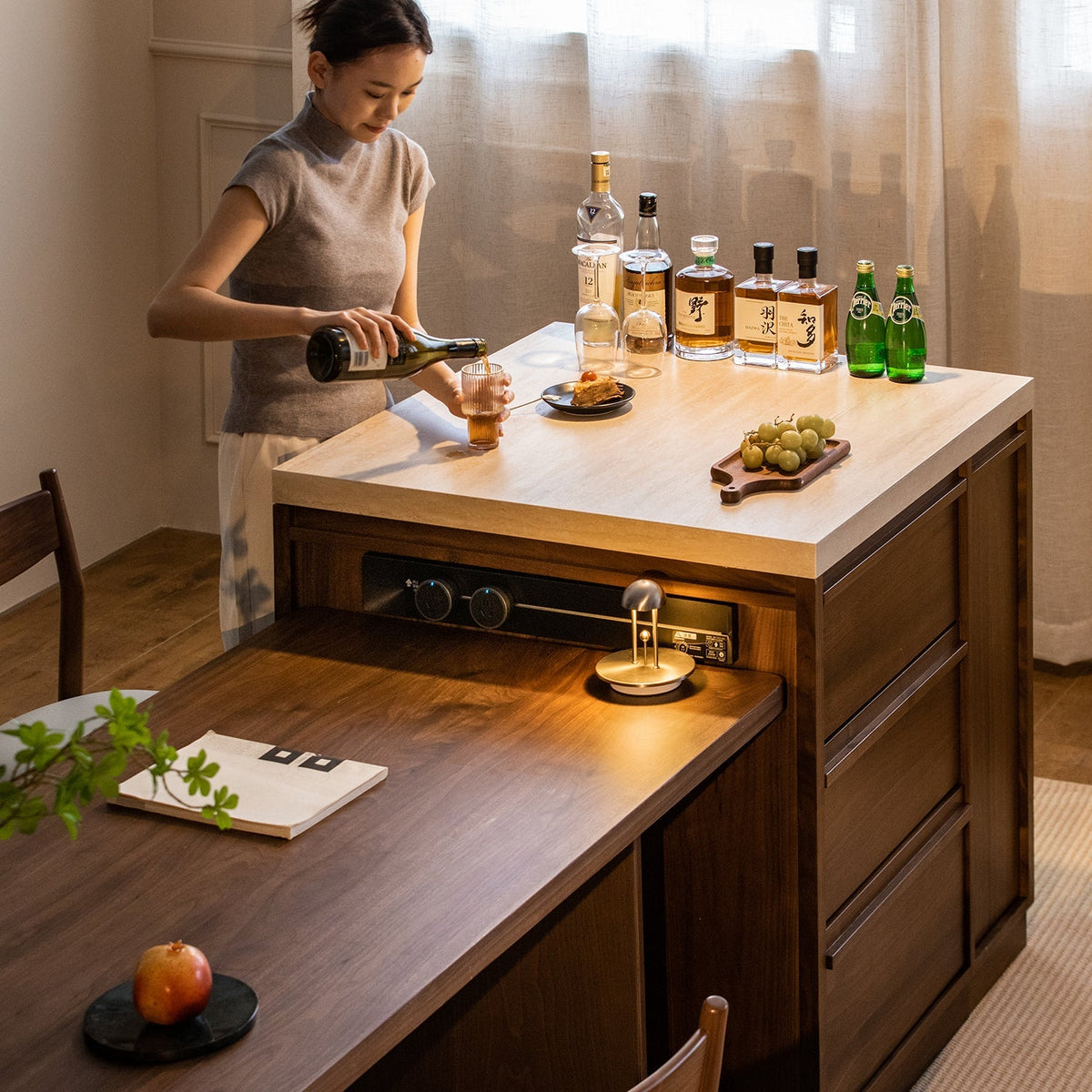 Japandi Walnut Wood Sintered Stone Island Dining Table With Cabinet AXIS