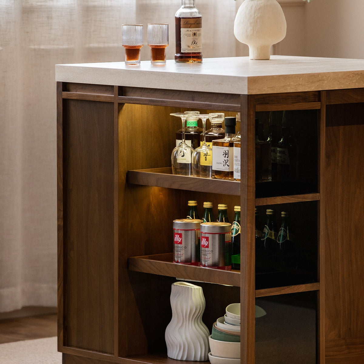 Japandi Walnut Wood Sintered Stone Island Dining Table With Cabinet AXIS