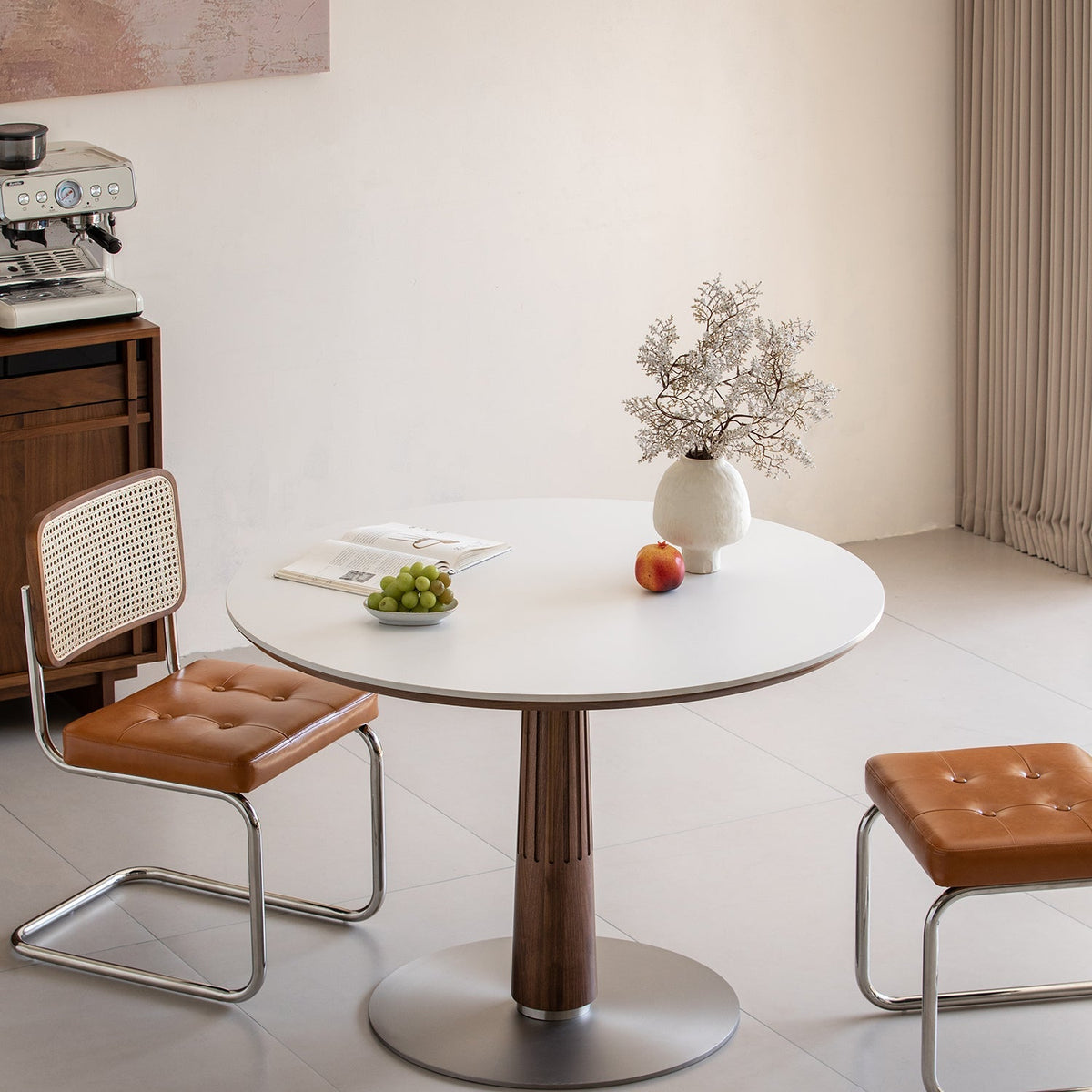 Japandi Walnut Wood Sintered Stone Round Dining Table GREY