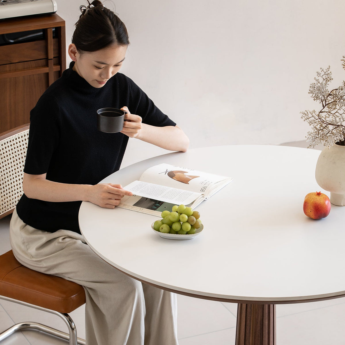 Japandi Walnut Wood Sintered Stone Round Dining Table GREY