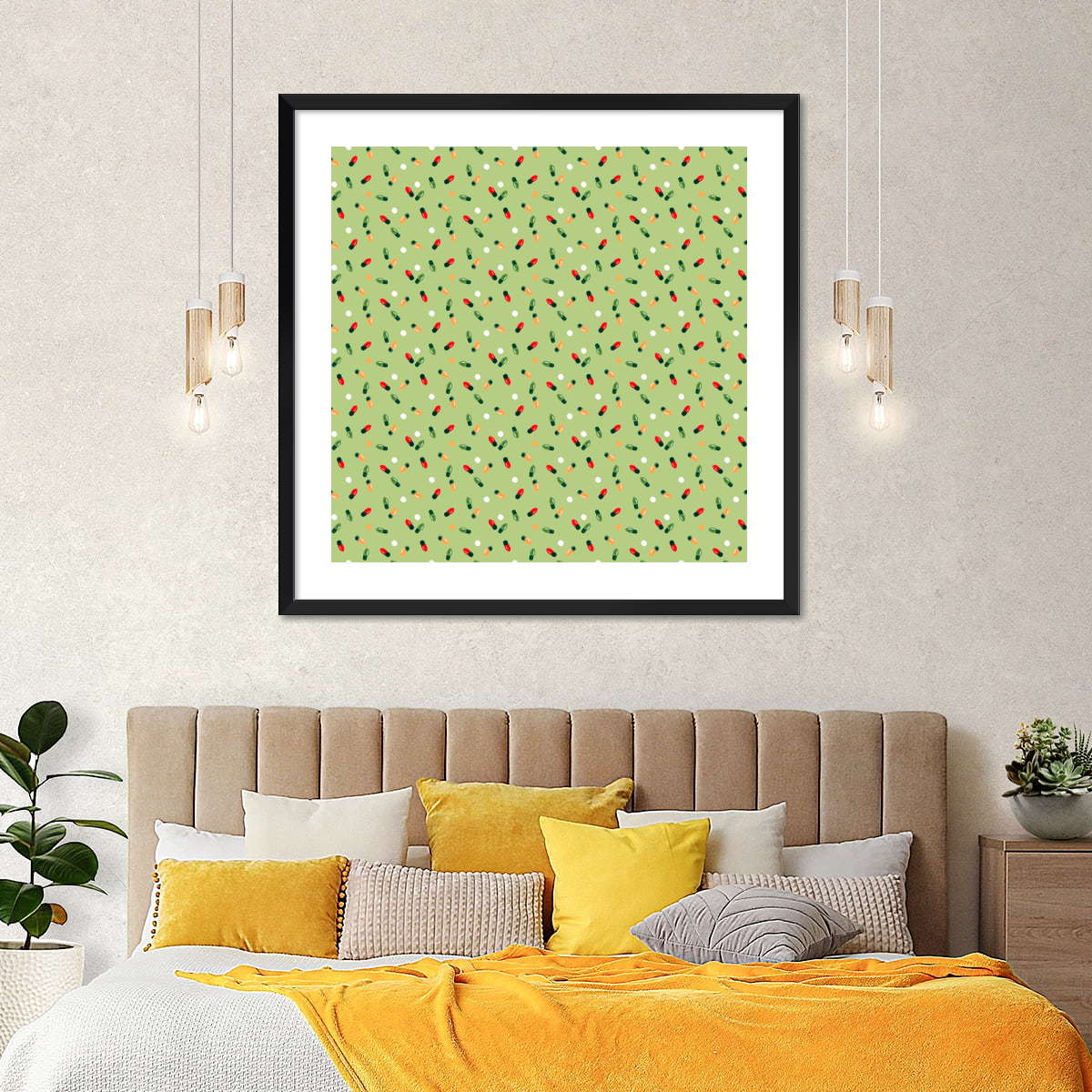 Christmas Lights Scatter Pattern on Sage Green Wall Art