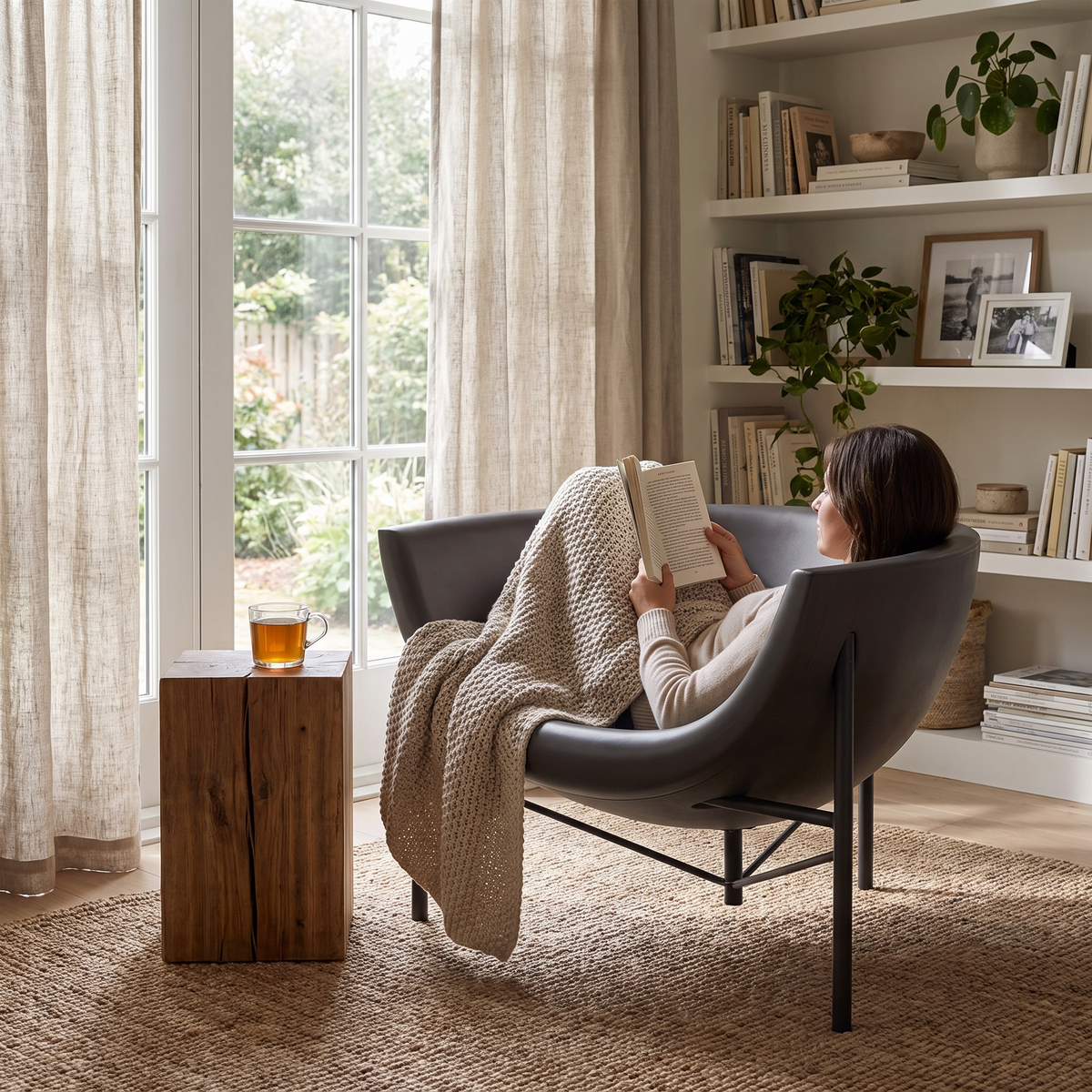 Kosmos Heated Charcoal Lounge Chair, styled in a real setting