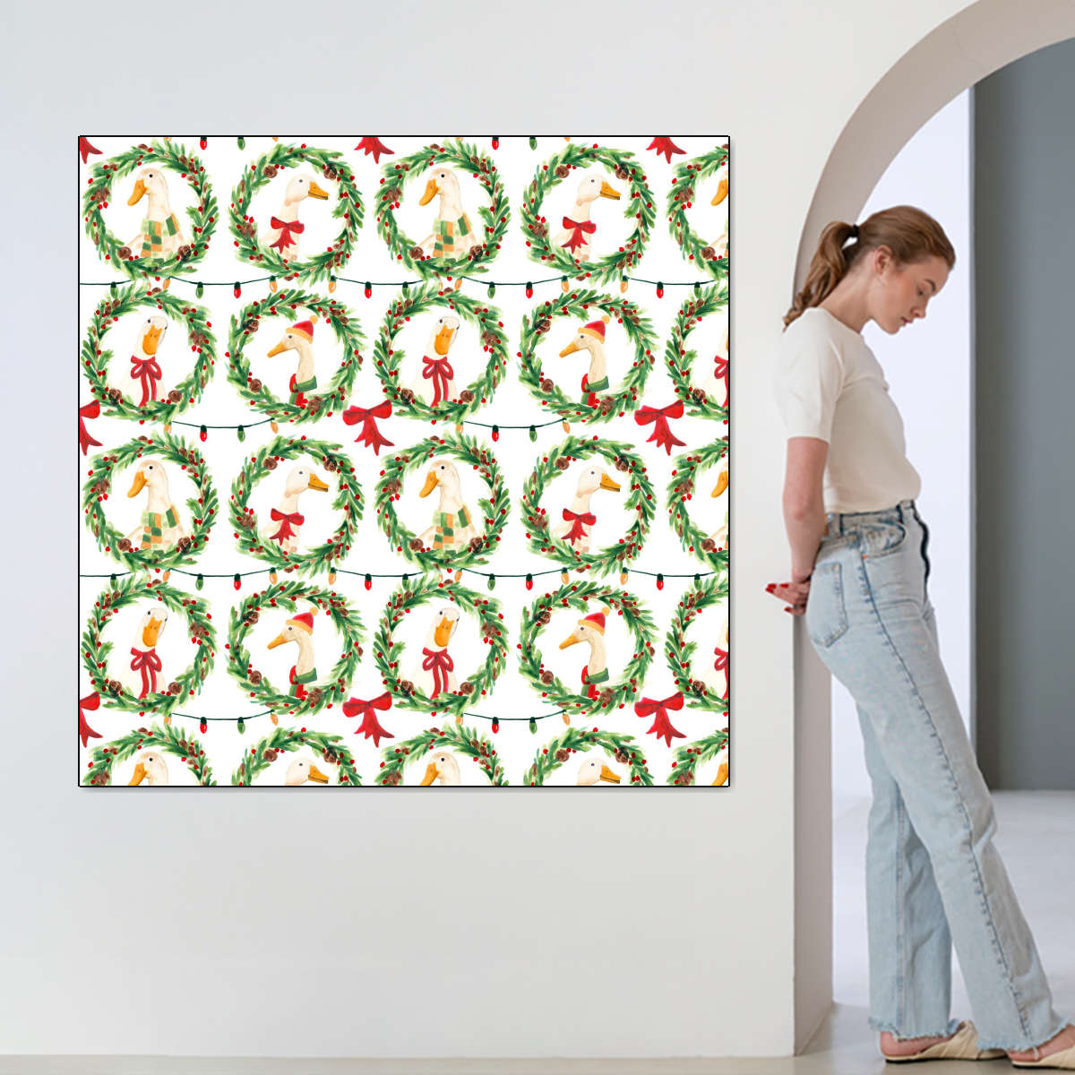 Christmas Geese in Holiday Wreaths Pattern Wall Art