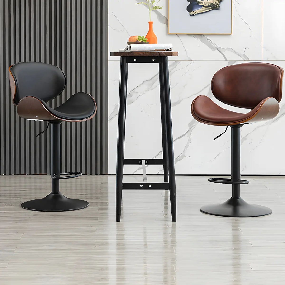 Leather Bucket Bar Stool with Curved Wood-Grain Shell & Low Back
