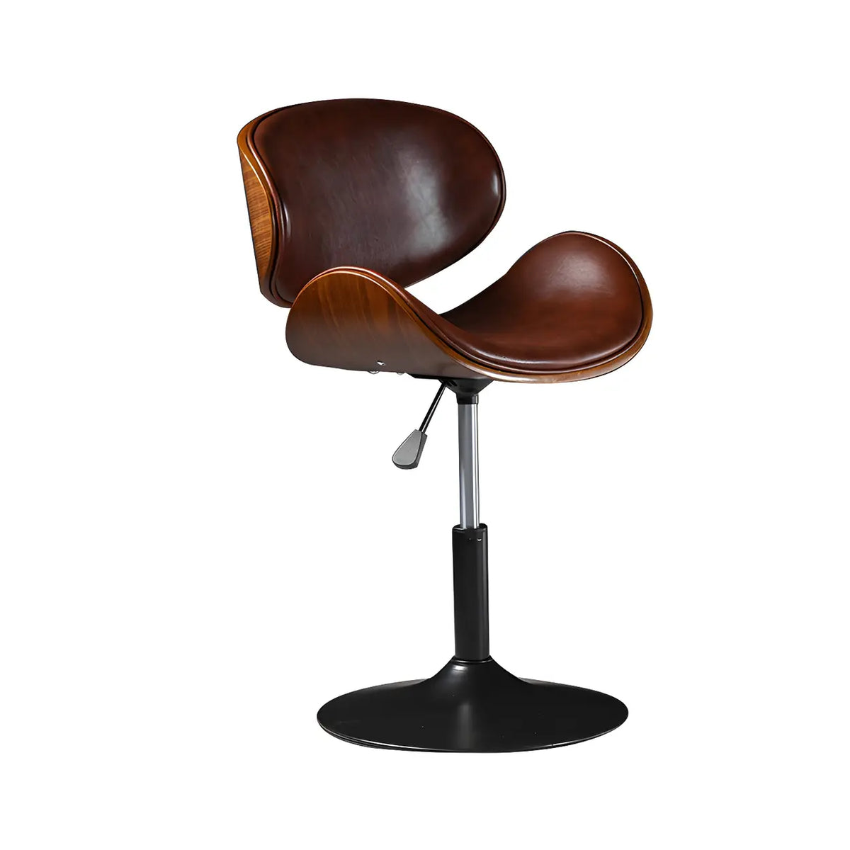 Leather Bucket Bar Stool with Curved Wood-Grain Shell & Low Back