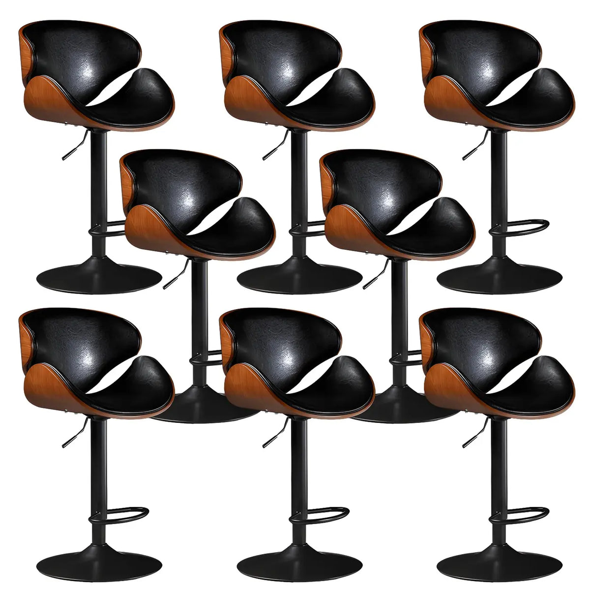 Leather Bucket Bar Stool with Curved Wood-Grain Shell & Low Back