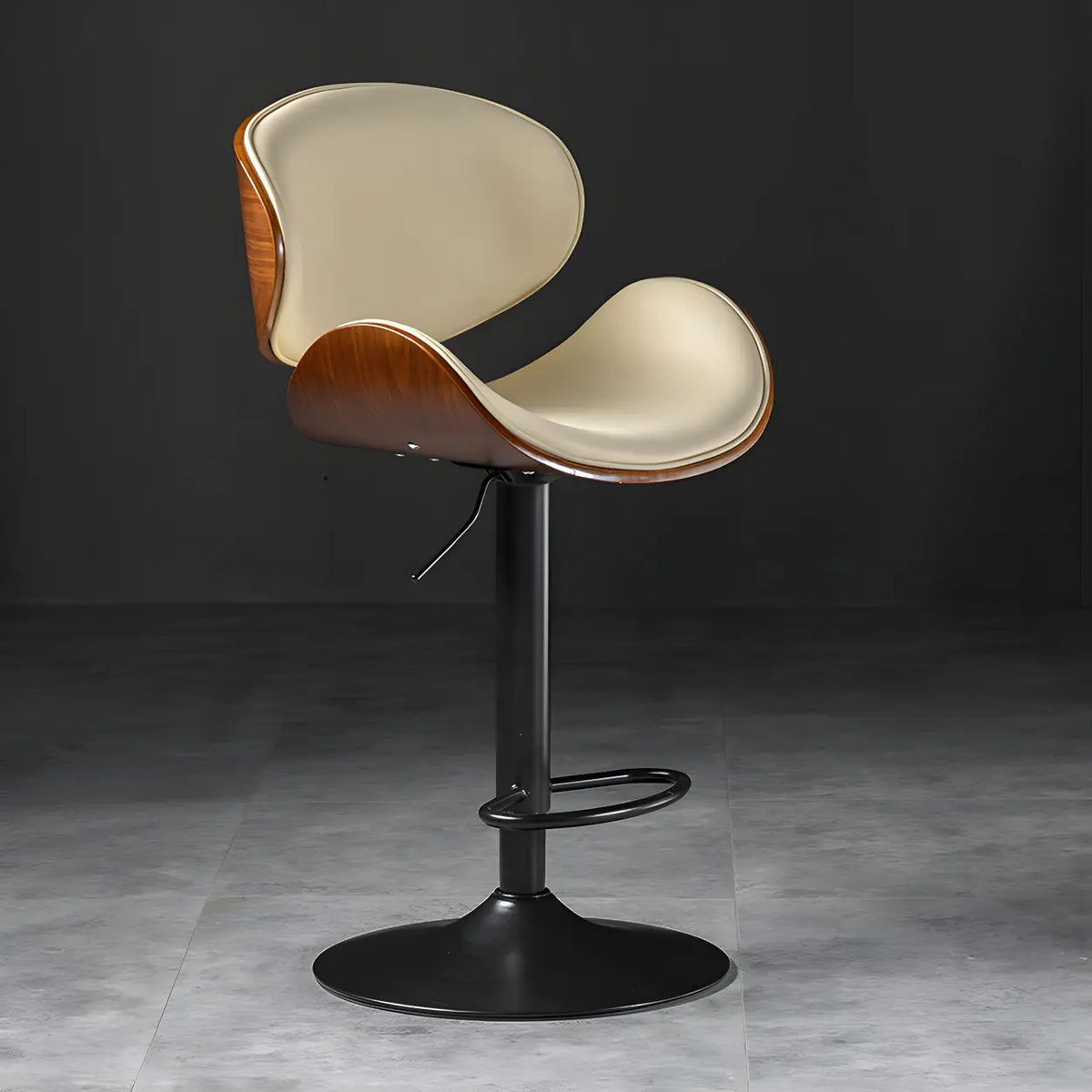 Leather Bucket Bar Stool with Curved Wood-Grain Shell & Low Back