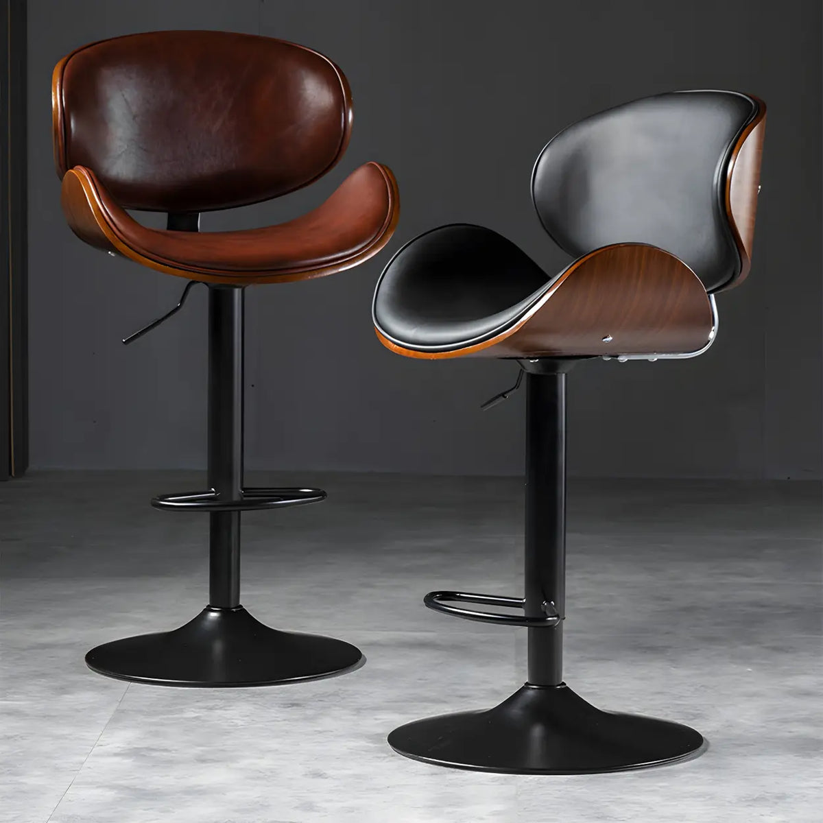 Leather Bucket Bar Stool with Curved Wood-Grain Shell & Low Back