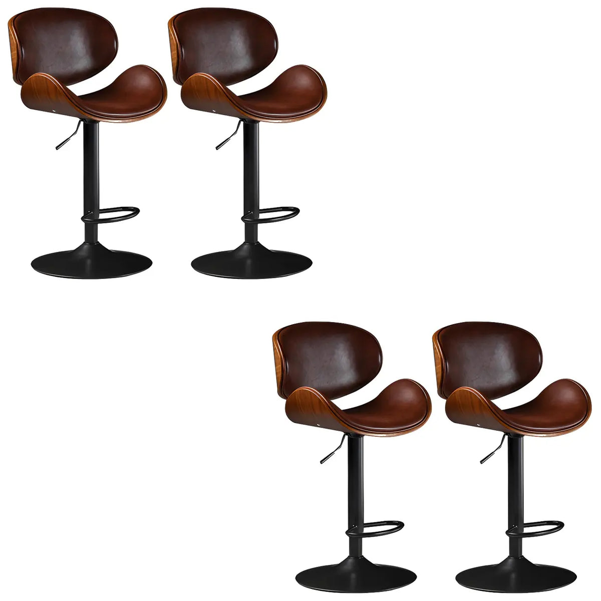 Leather Bucket Bar Stool with Curved Wood-Grain Shell & Low Back