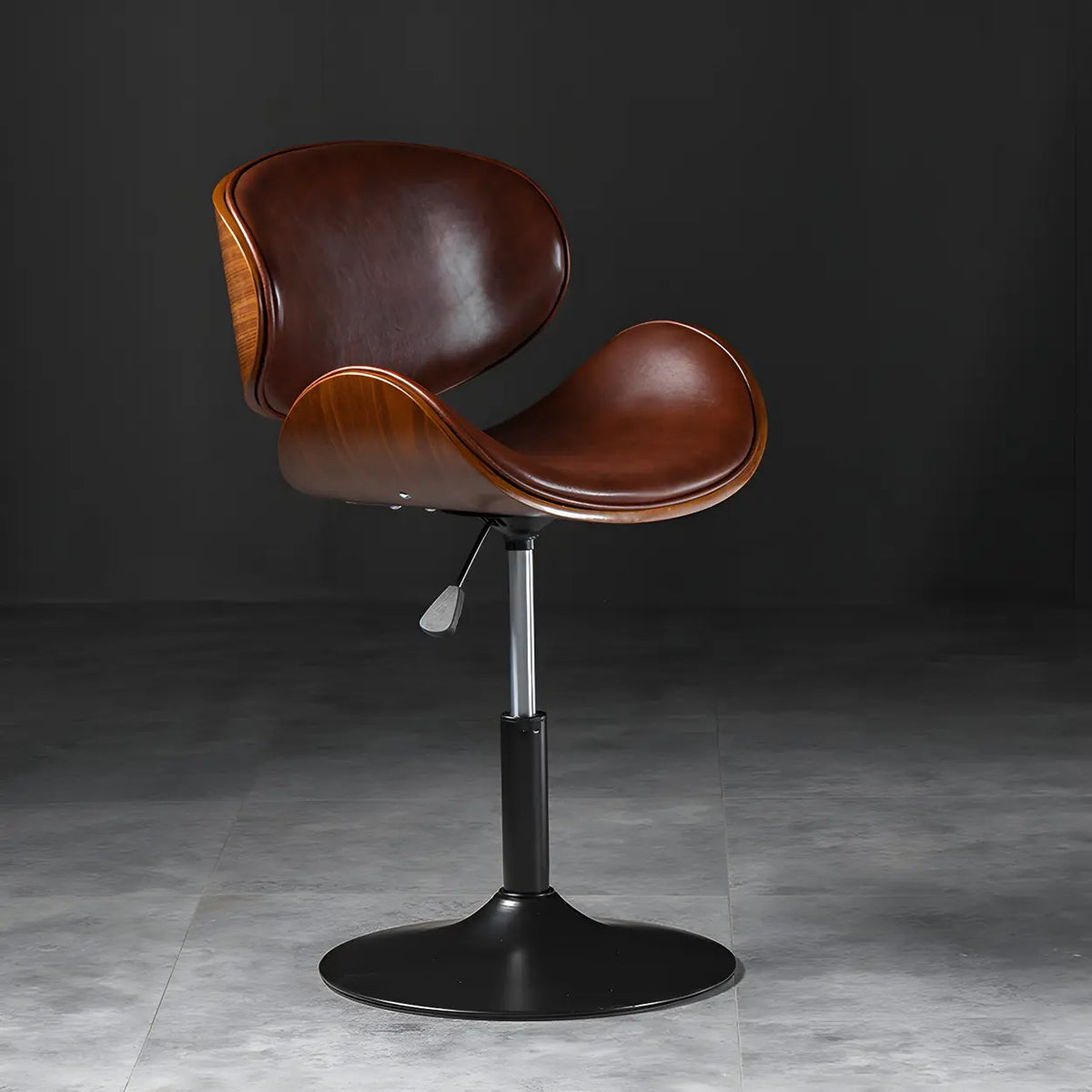 Leather Bucket Bar Stool with Curved Wood-Grain Shell & Low Back
