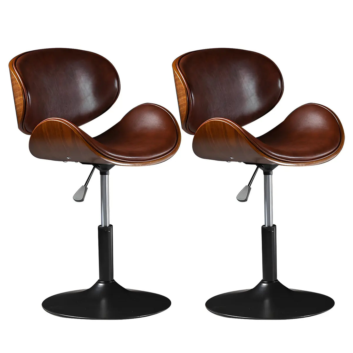 Leather Bucket Bar Stool with Curved Wood-Grain Shell & Low Back