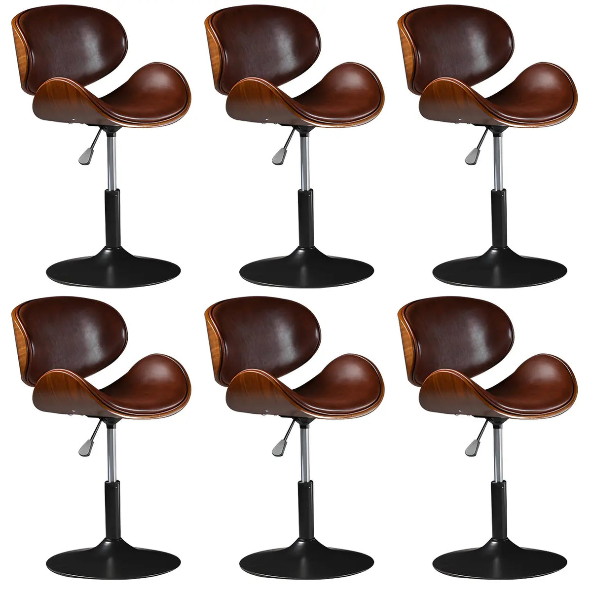 Leather Bucket Bar Stool with Curved Wood-Grain Shell & Low Back