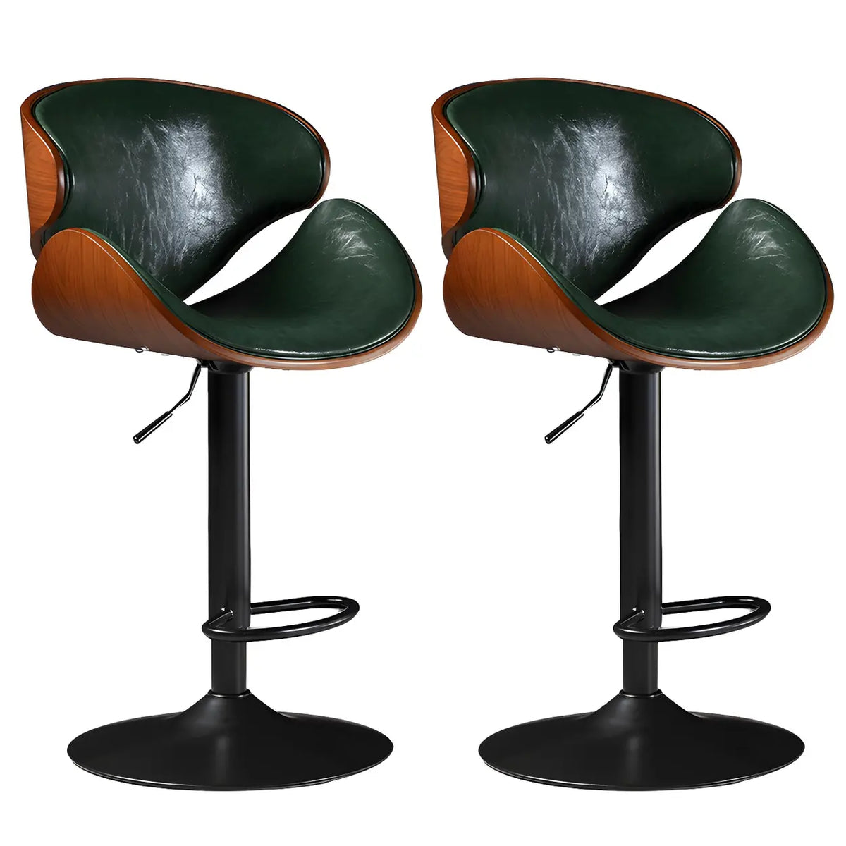 Leather Bucket Bar Stool with Curved Wood-Grain Shell & Low Back