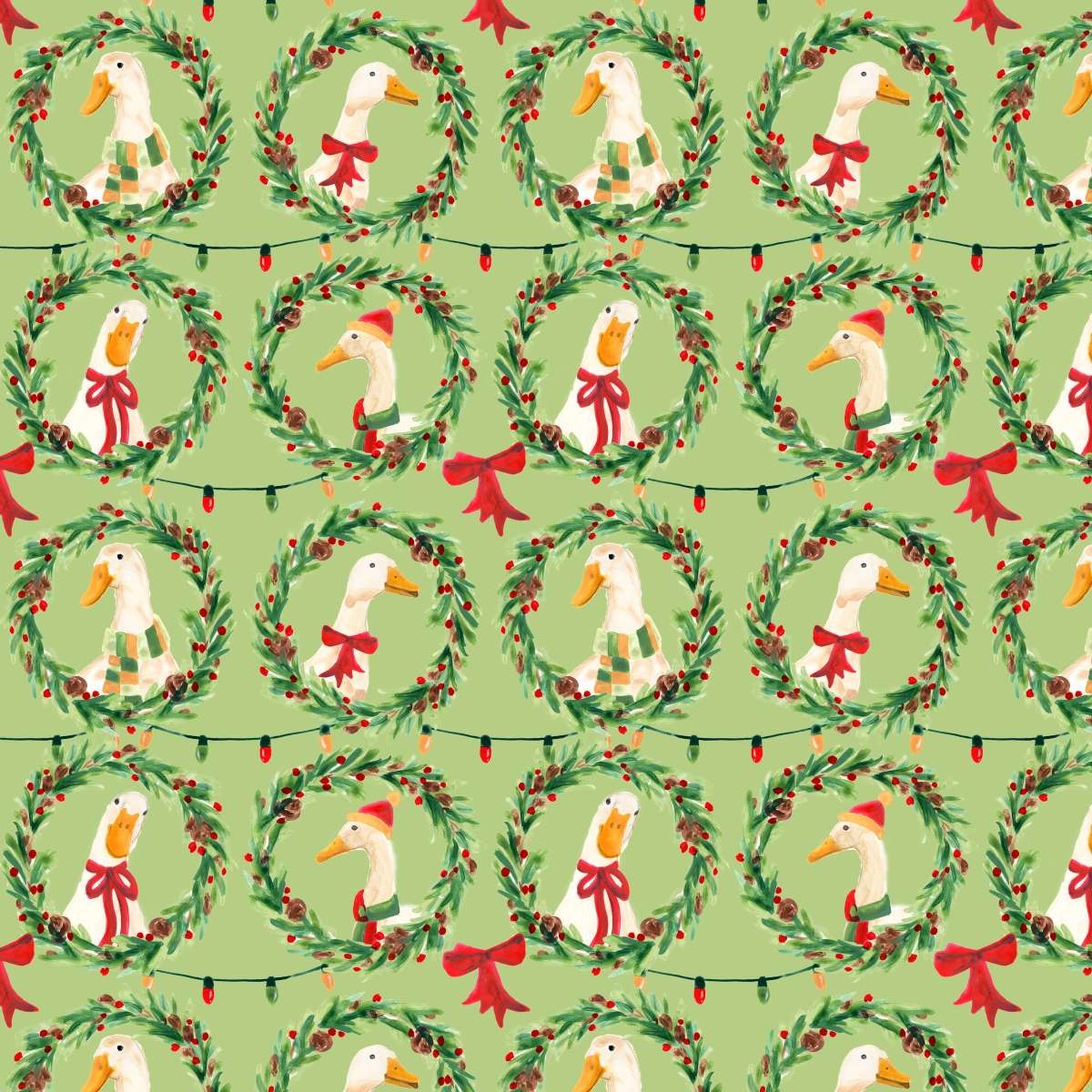 Christmas Geese Wreath Pattern on Green Wall Art