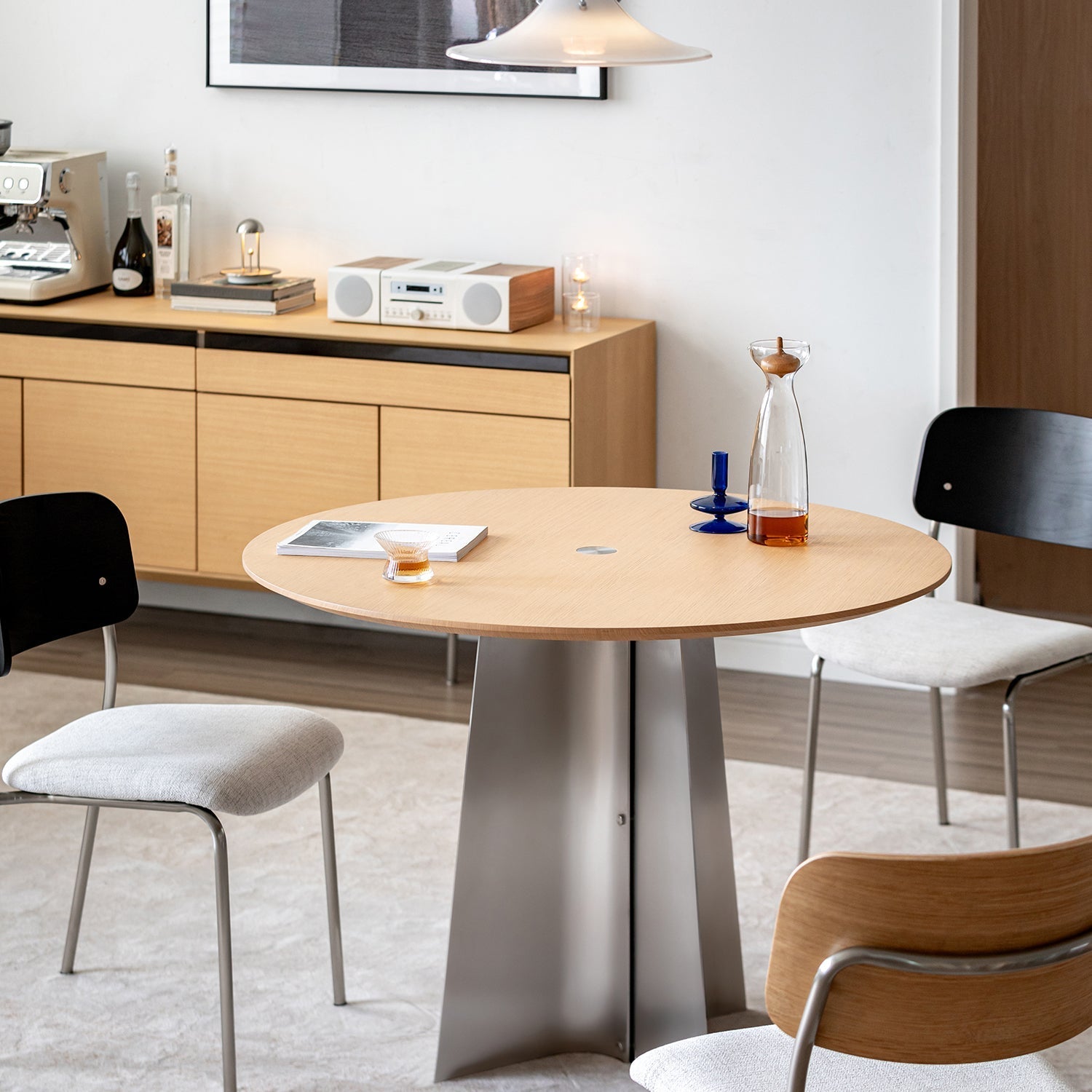 Bauhaus Ash Wood Veneer Stainless Steel Round Dining Table AERI