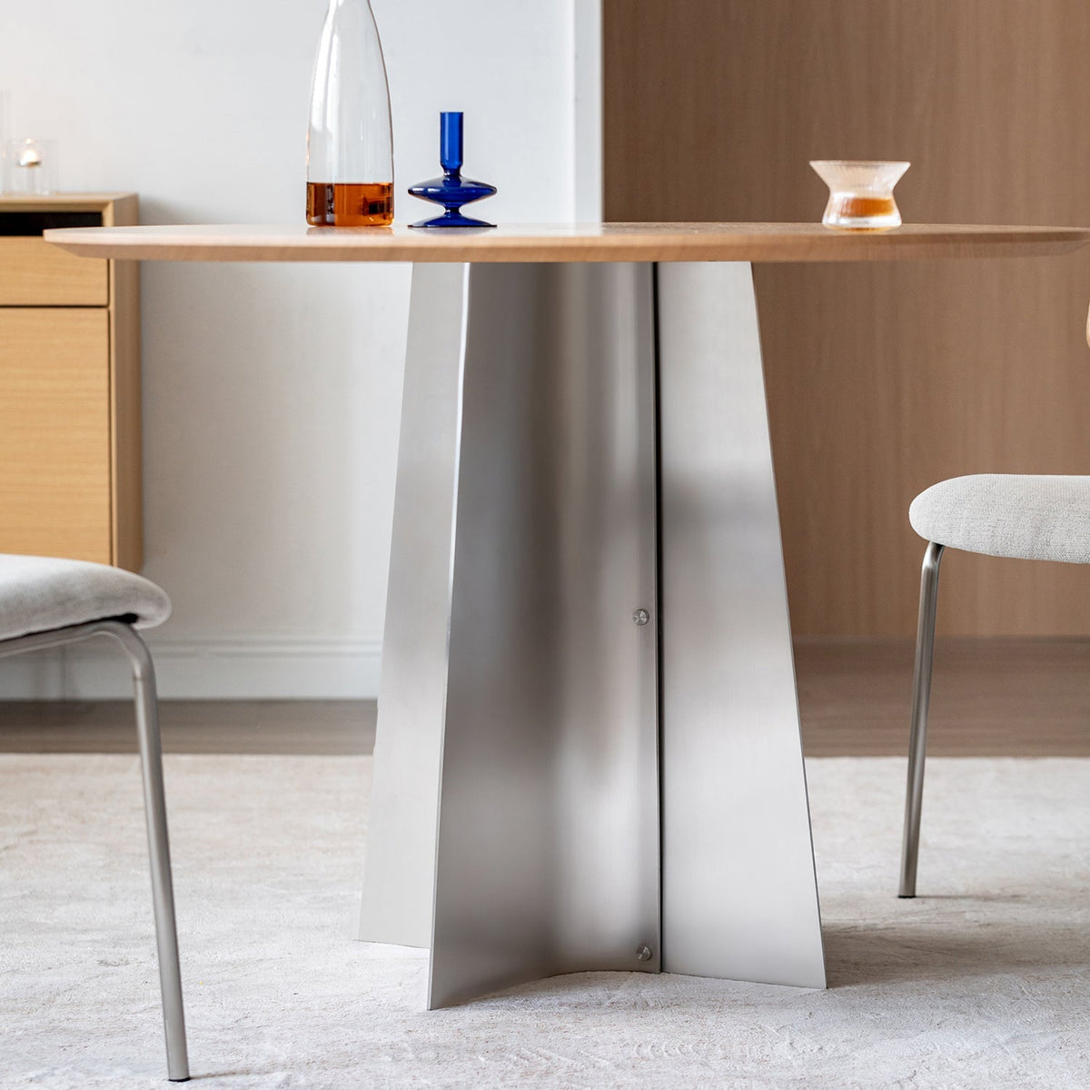 Bauhaus Ash Wood Veneer Stainless Steel Round Dining Table AERI
