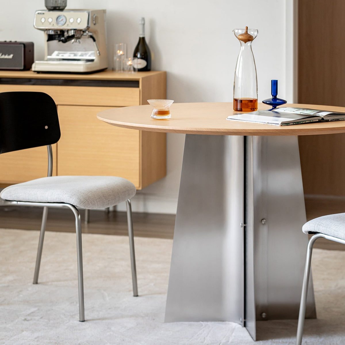 Bauhaus Ash Wood Veneer Stainless Steel Round Dining Table AERI