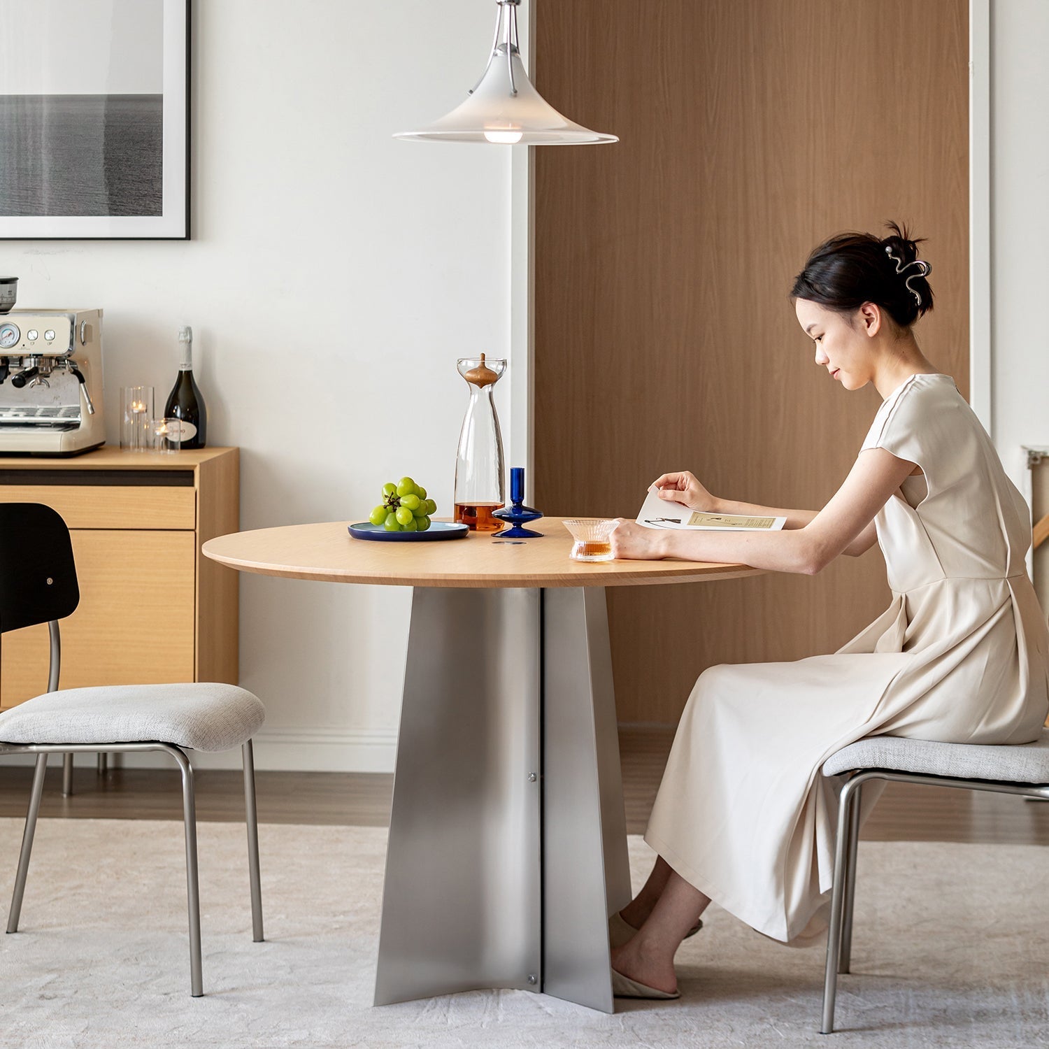 Bauhaus Ash Wood Veneer Stainless Steel Round Dining Table AERI