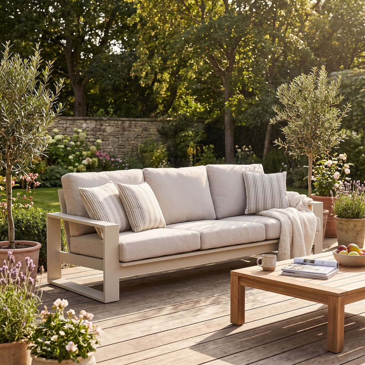 Nicasio Dune Aluminum Sofa, styled in a real setting