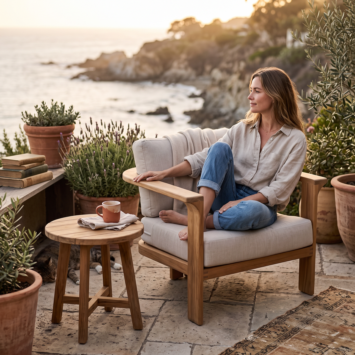 Ojai Teak Lounge Chair, styled in a real setting