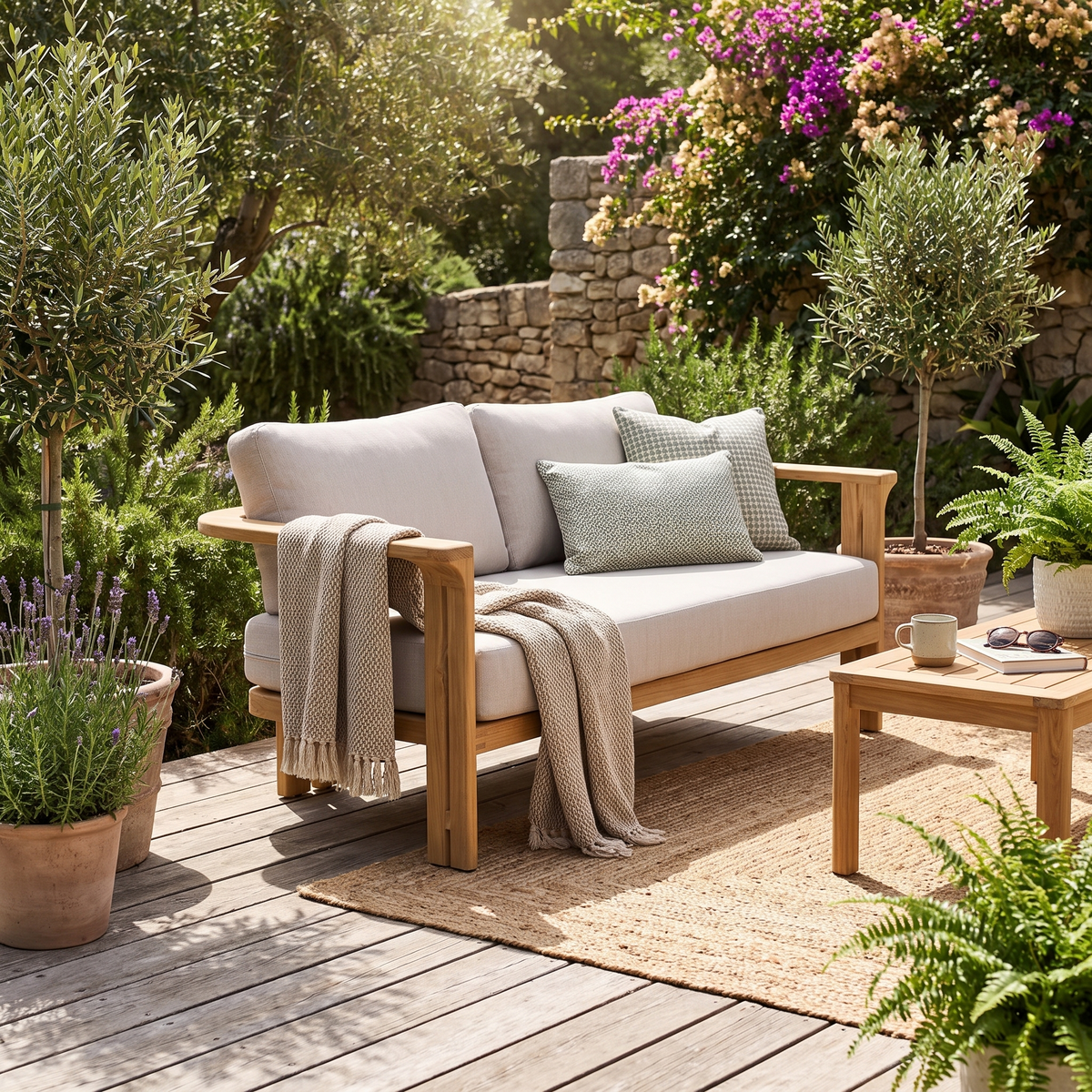 Ojai Teak Loveseat, styled in a real setting