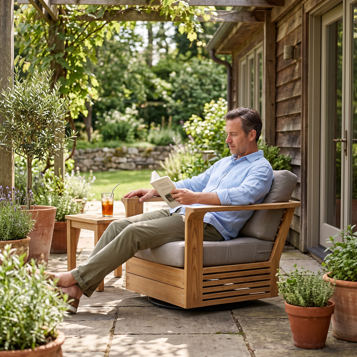 Ojai Teak Swivel Lounge Chair, styled in a real setting