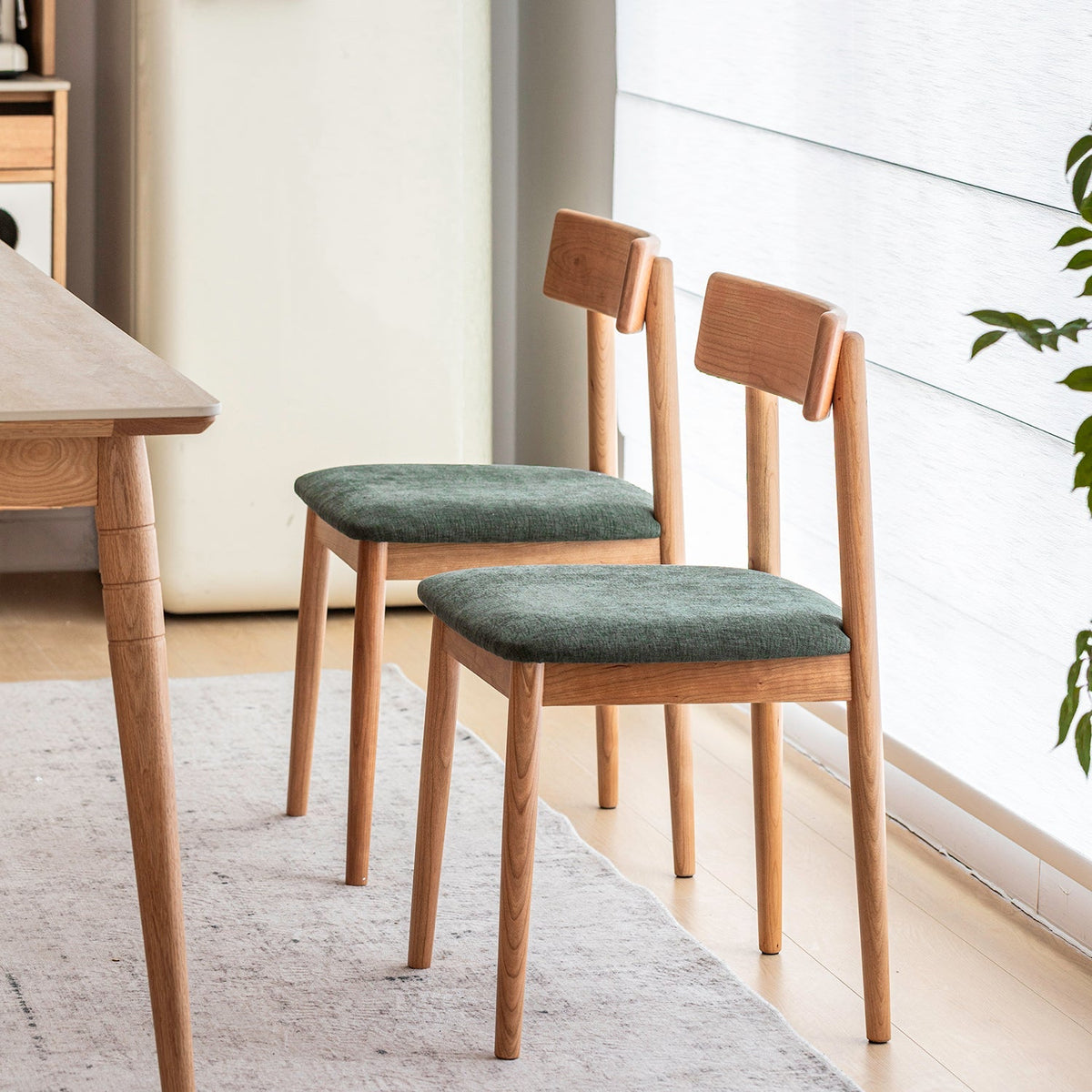 Scandinavian Cherry Wood Mixed Weave Fabric Dining Chair GREEN