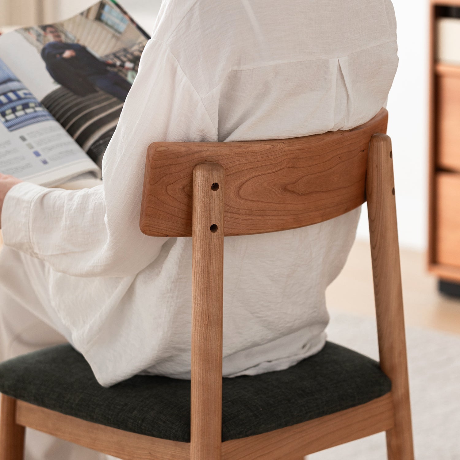 Scandinavian Cherry Wood Mixed Weave Fabric Dining Chair GREEN