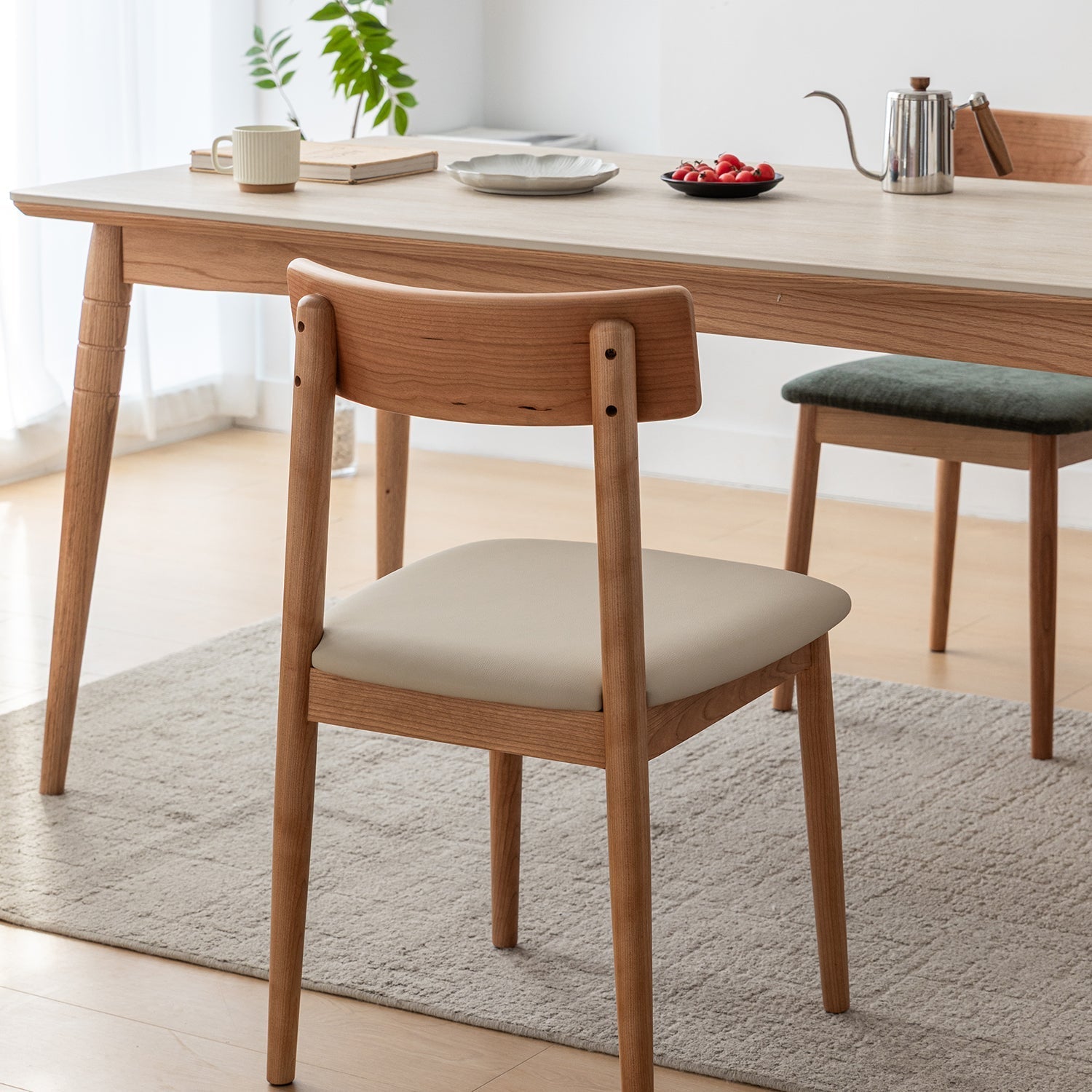 Scandinavian Cherry Wood Mixed Weave Fabric Dining Chair GREEN