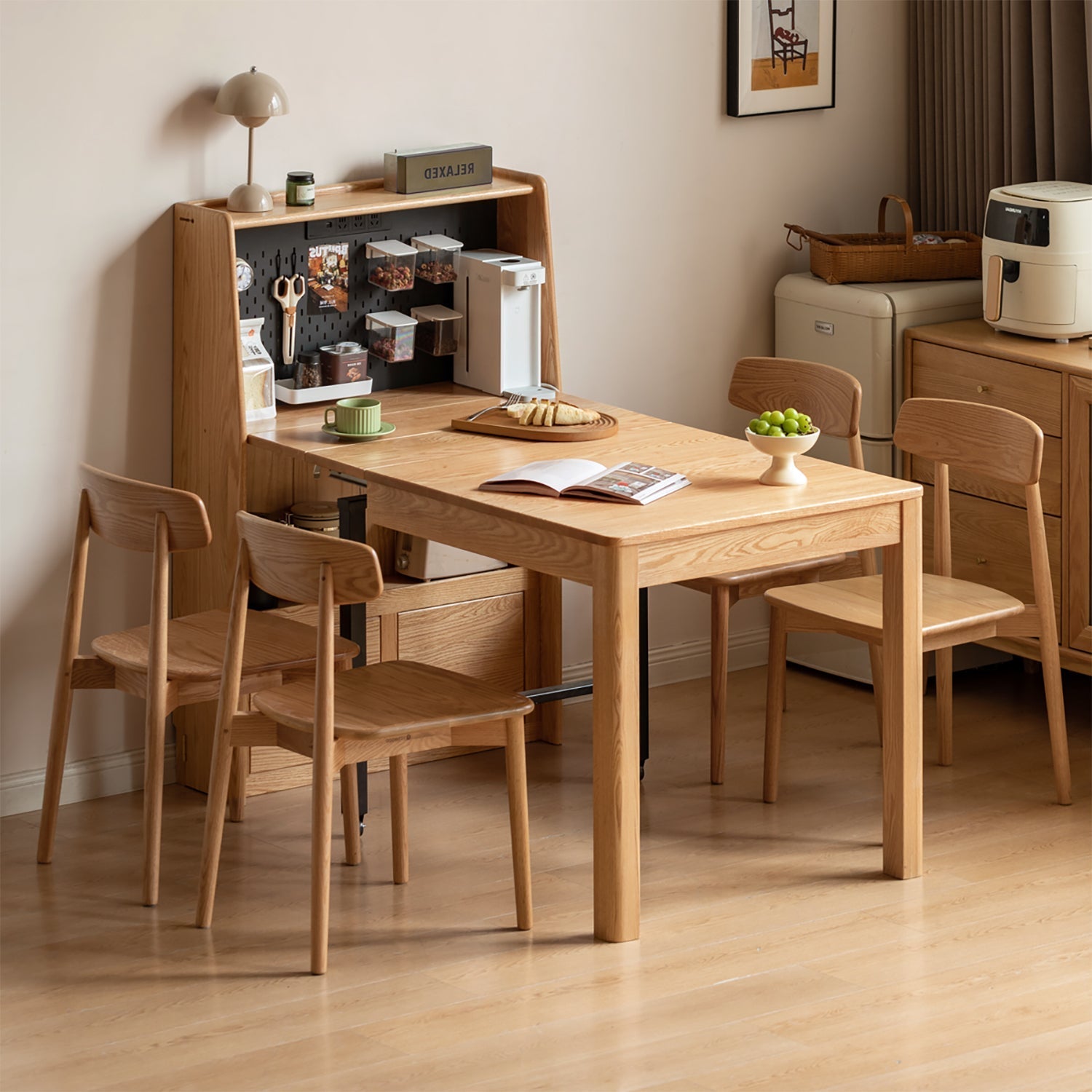 Scandinavian Oak Wood Extendable Dining Table With Shelf NEST