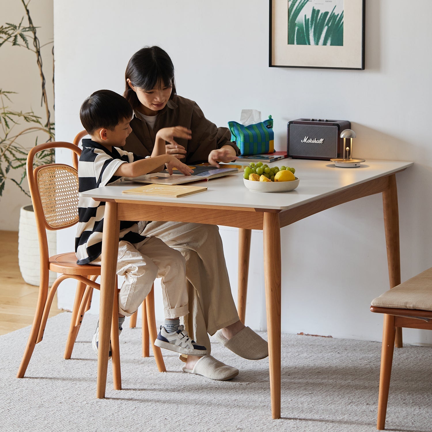 Scandinavian Oak Wood Sintered Stone Dining Table GREEN