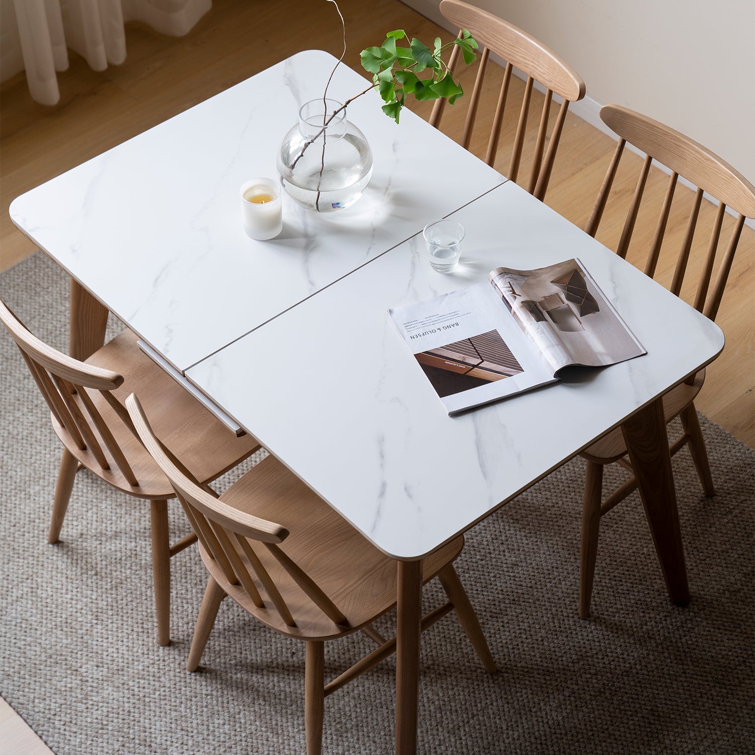 Scandinavian Oak Wood Sintered Stone Extendable Dining Table SHIFT