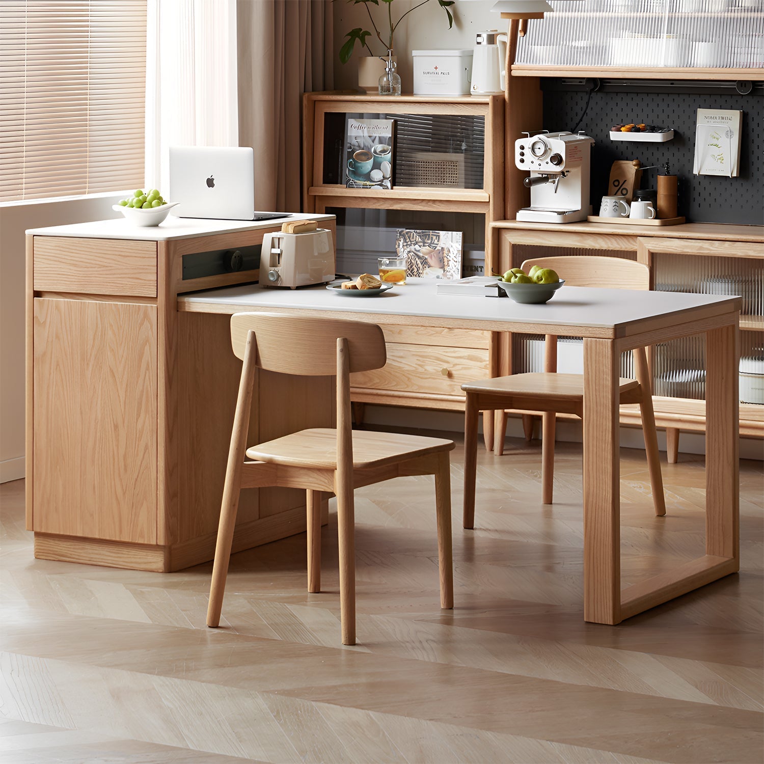 Scandinavian Oak Wood Sintered Stone Extendable Island Dining Table With Cabinet FLEXA