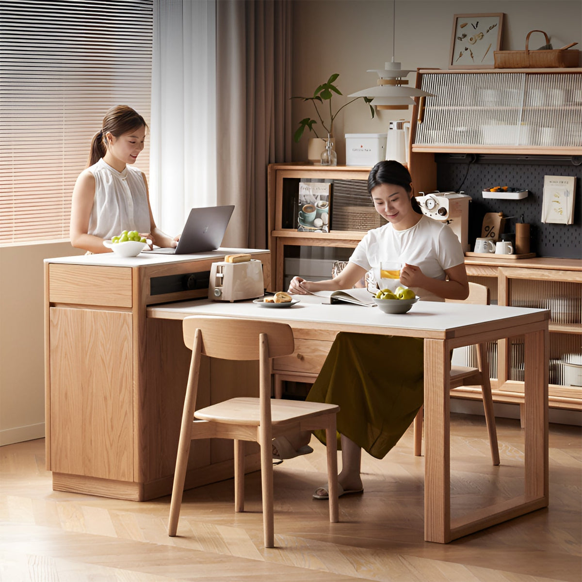Scandinavian Oak Wood Sintered Stone Extendable Island Dining Table With Cabinet FLEXA