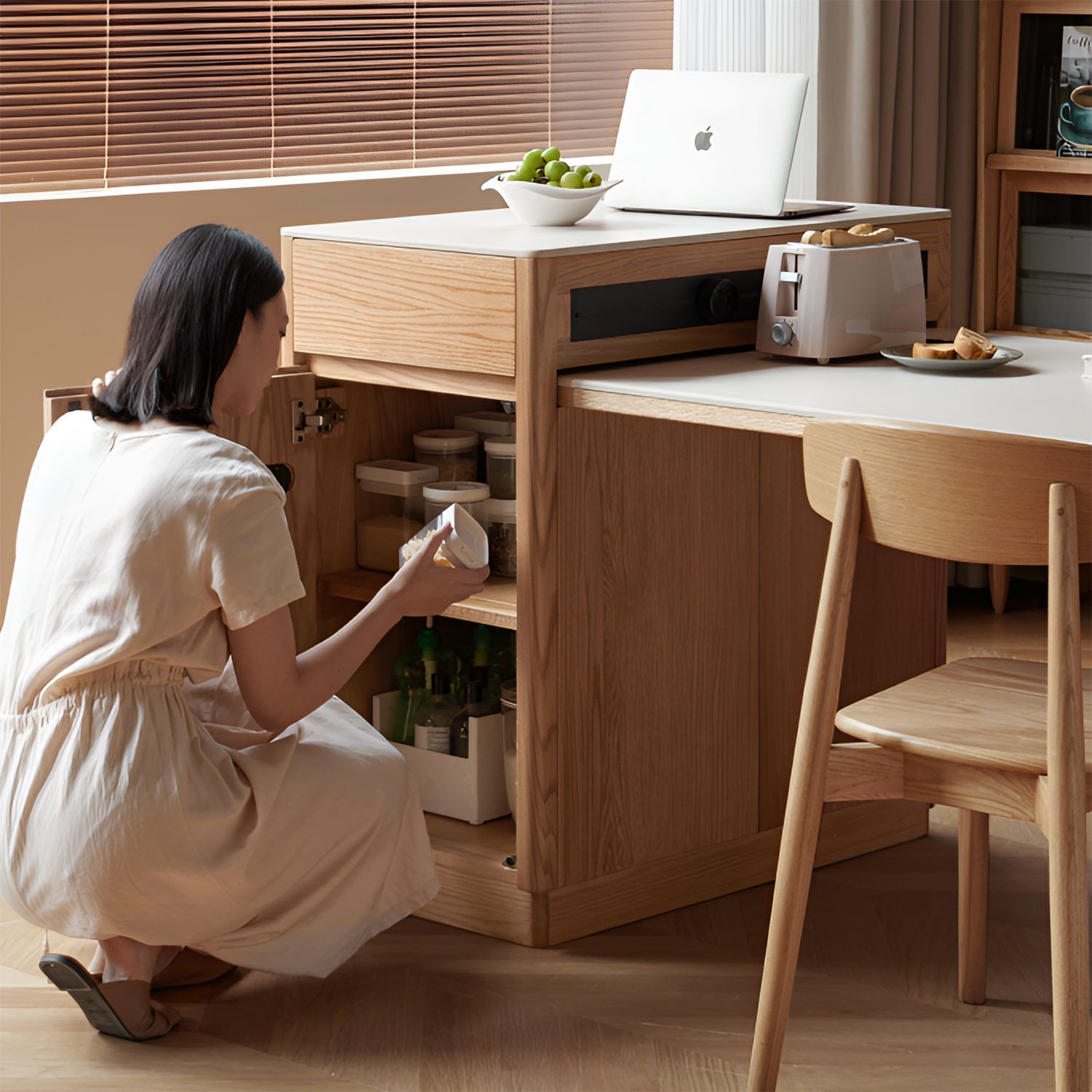 Scandinavian Oak Wood Sintered Stone Extendable Island Dining Table With Cabinet FLEXA