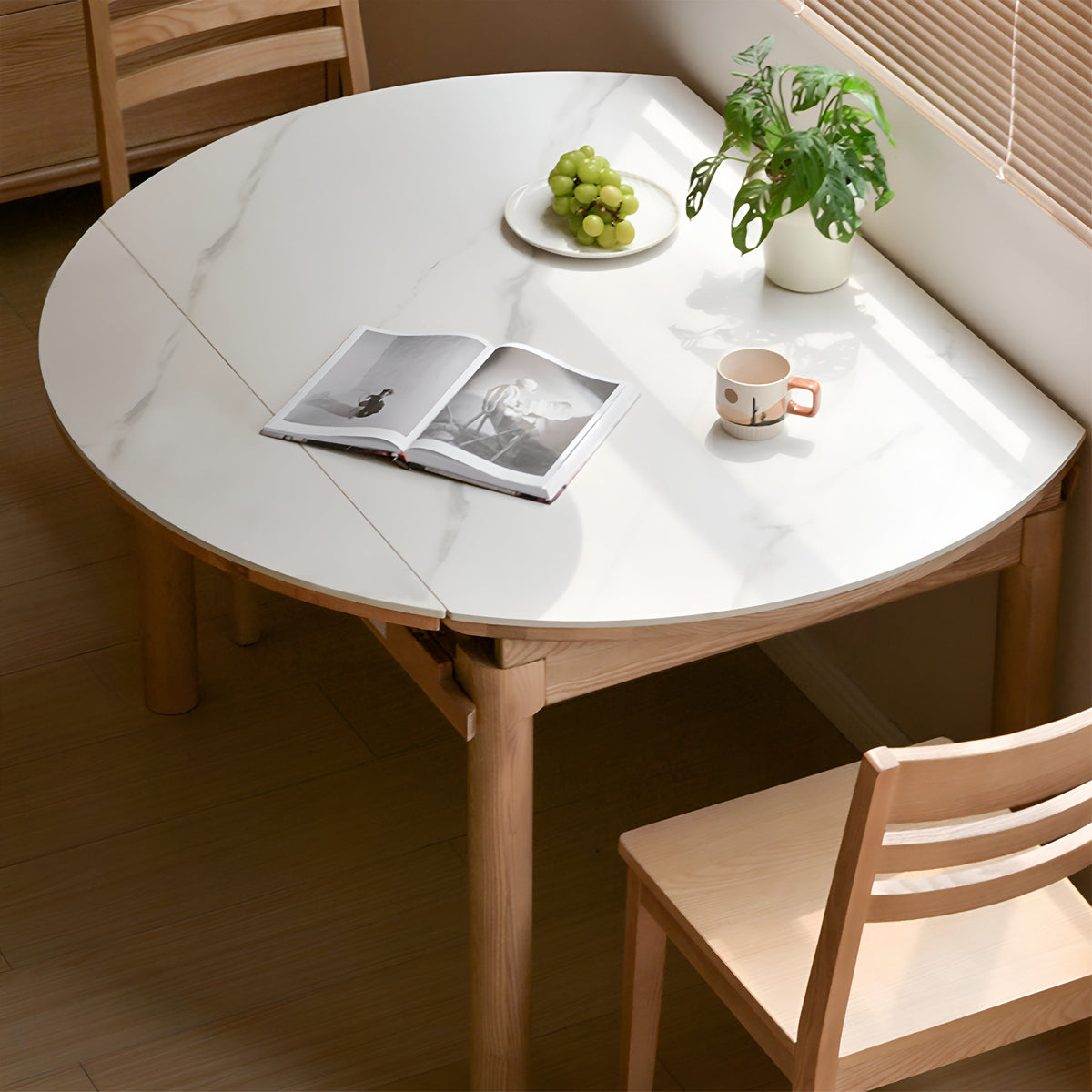 Scandinavian Oak Wood Sintered Stone Extendable Round Dining Table ORBIT