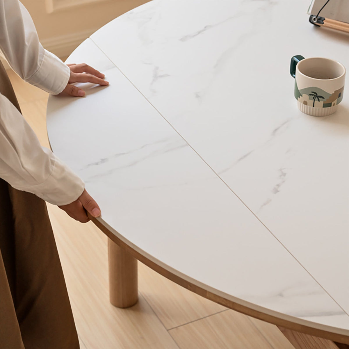 Scandinavian Oak Wood Sintered Stone Extendable Round Dining Table ORBIT